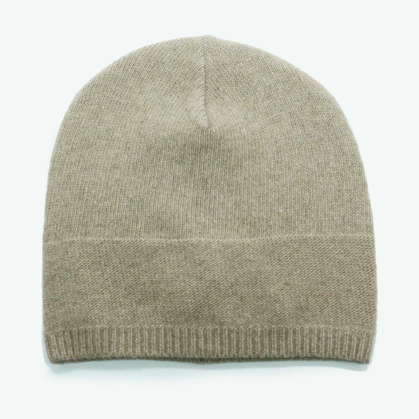 Taupe Portolano Women's Cashmere Slouchy Hat in soft jersey knit. Neutral-toned beanie with ribbed hem and relaxed crown fit.