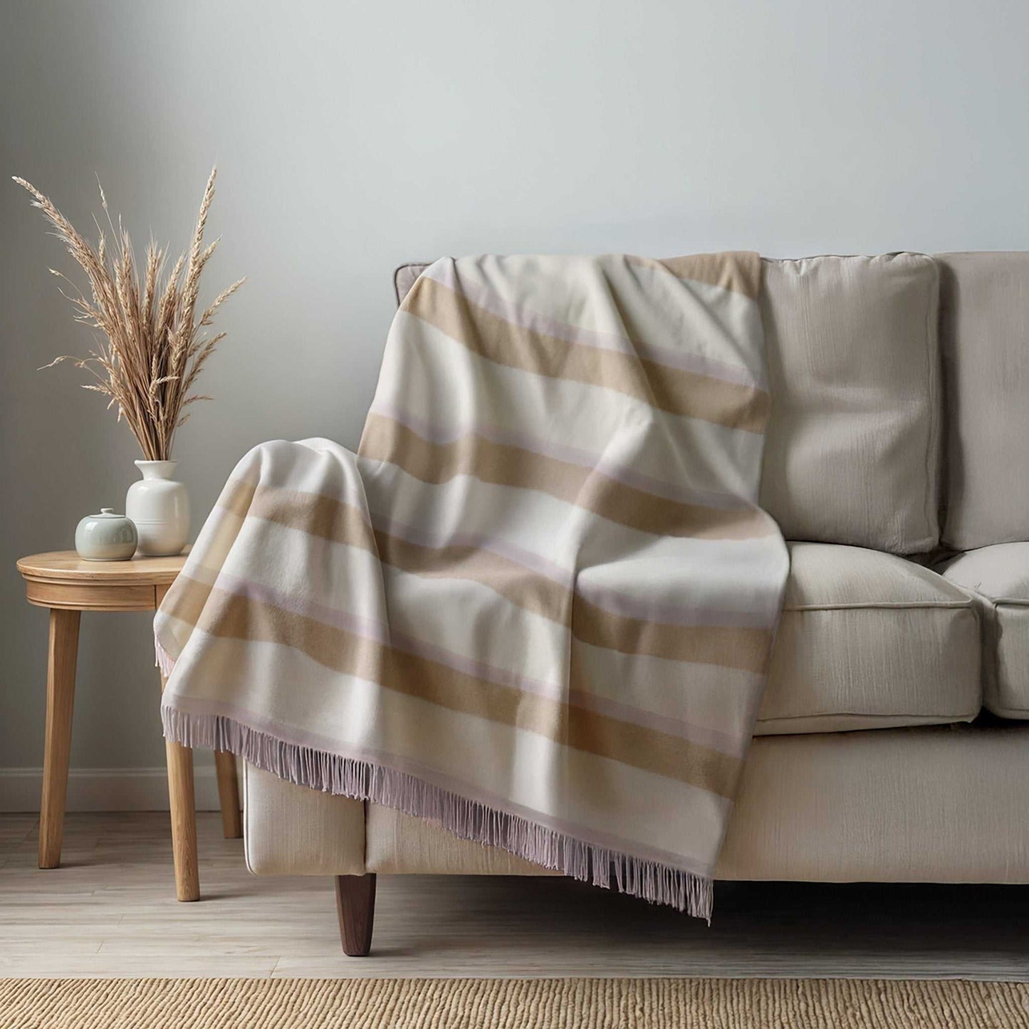Cashmere Woven Throw - Cashmere Woven Throw | Premium Quality in soft beige and lavender stripes with fringes, draped over a cream sofa for luxury decor.