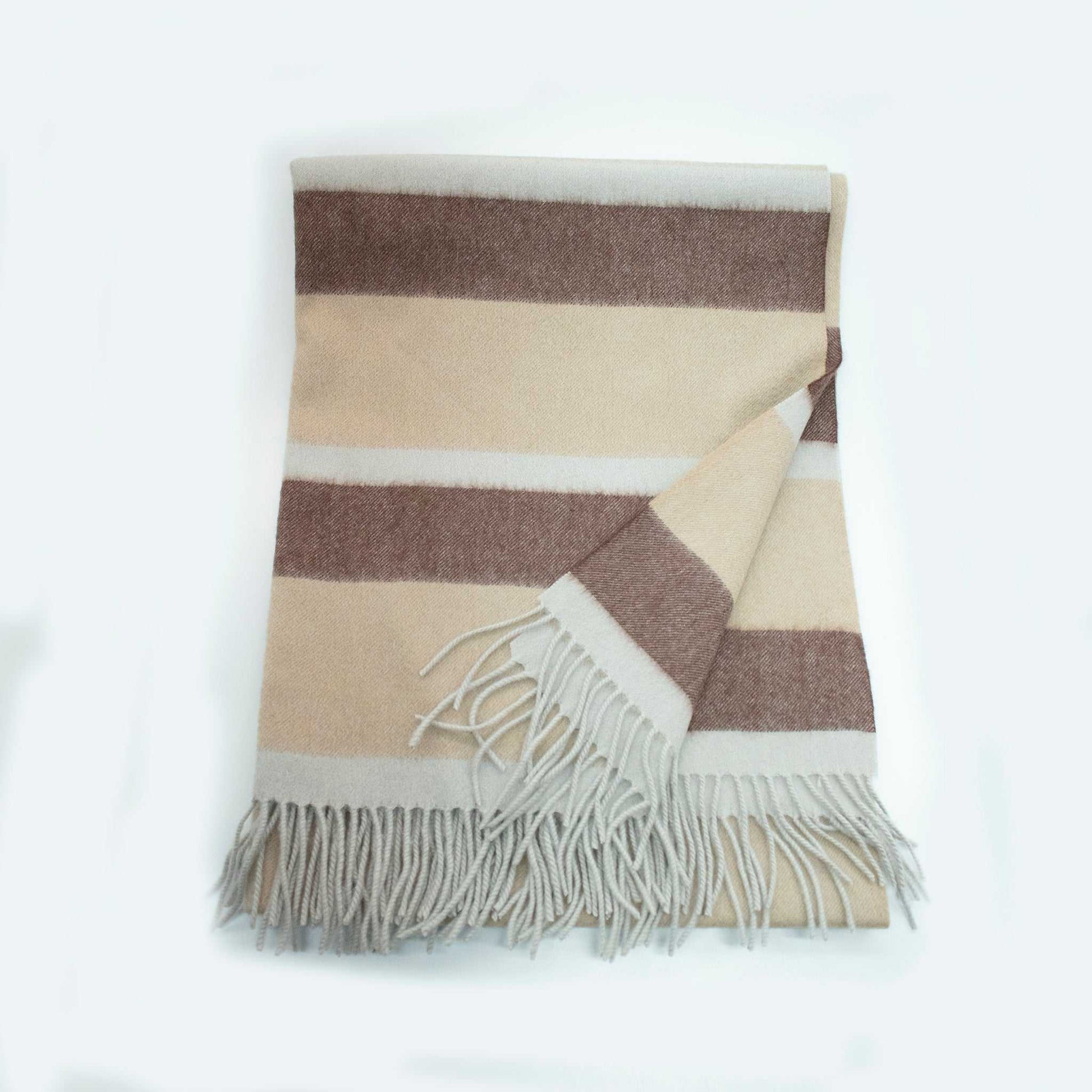 Cashmere Woven Throw - Cashmere Woven Throw | Premium Quality folded neatly to show beige and brown stripes with fringe detail, ideal for gifting.