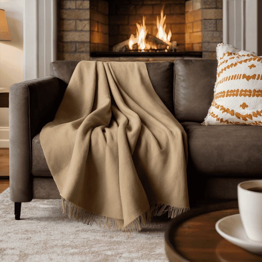 Cashmere Woven Throw - camel cashmere woven throw on dark leather sofa by fireplace, elegant and warm blanket for living room ambiance.