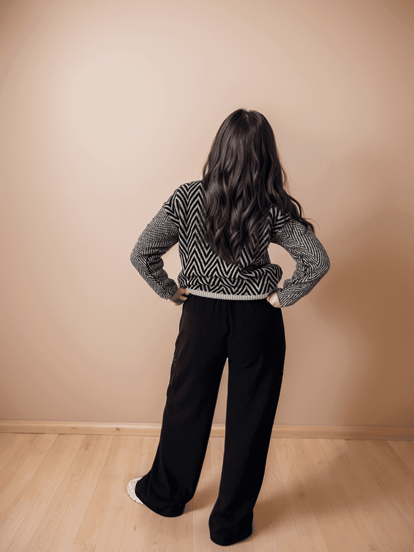 Back view of Penelope Chevron Wool Turtleneck in black and white, highlighting bold chevron pattern and premium wool texture.