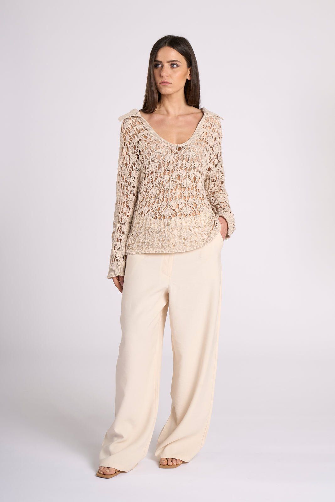 Beige Crochet Cotton Top - Elisa by Tenné with V-neck and long sleeves, styled for a neutral-toned spring or summer ensemble.