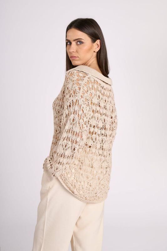 Back view of beige Elisa Crochet Cotton Top by Tenné, showing open-knit cotton design perfect for breathable and stylish warm-weather wear.