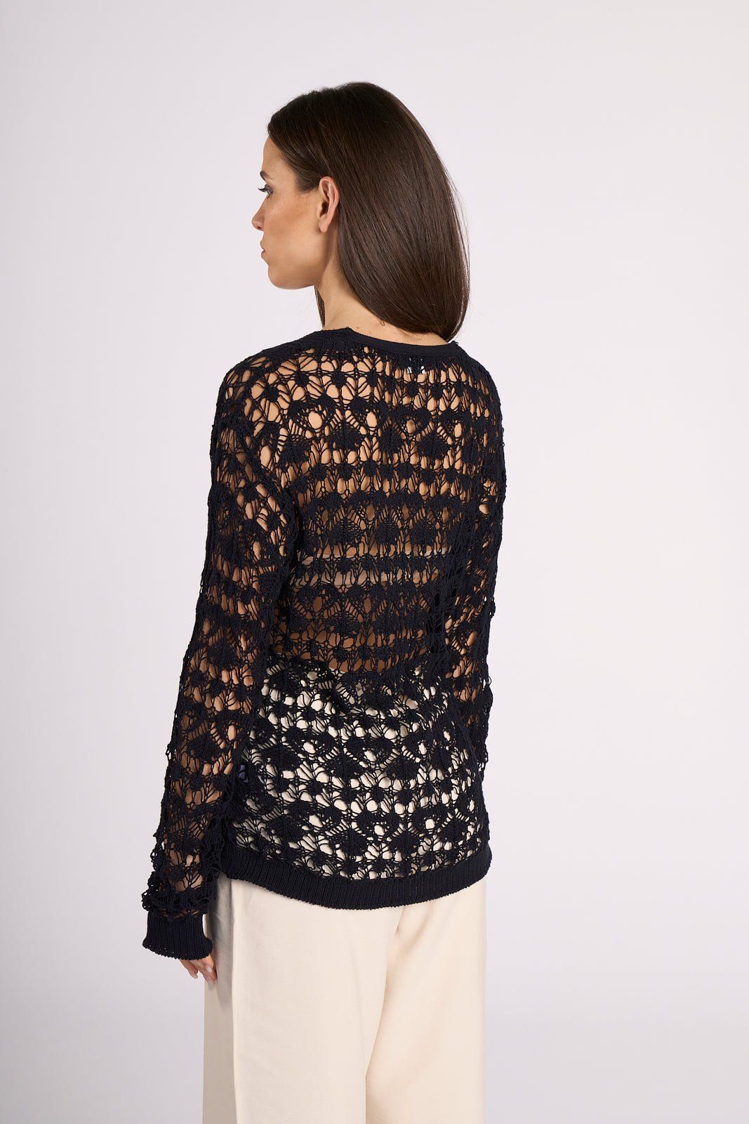 Back view of navy Crochet Cotton Top - Elisa by Tenné, showcasing intricate crochet pattern and lightweight cotton texture for warm weather style.
