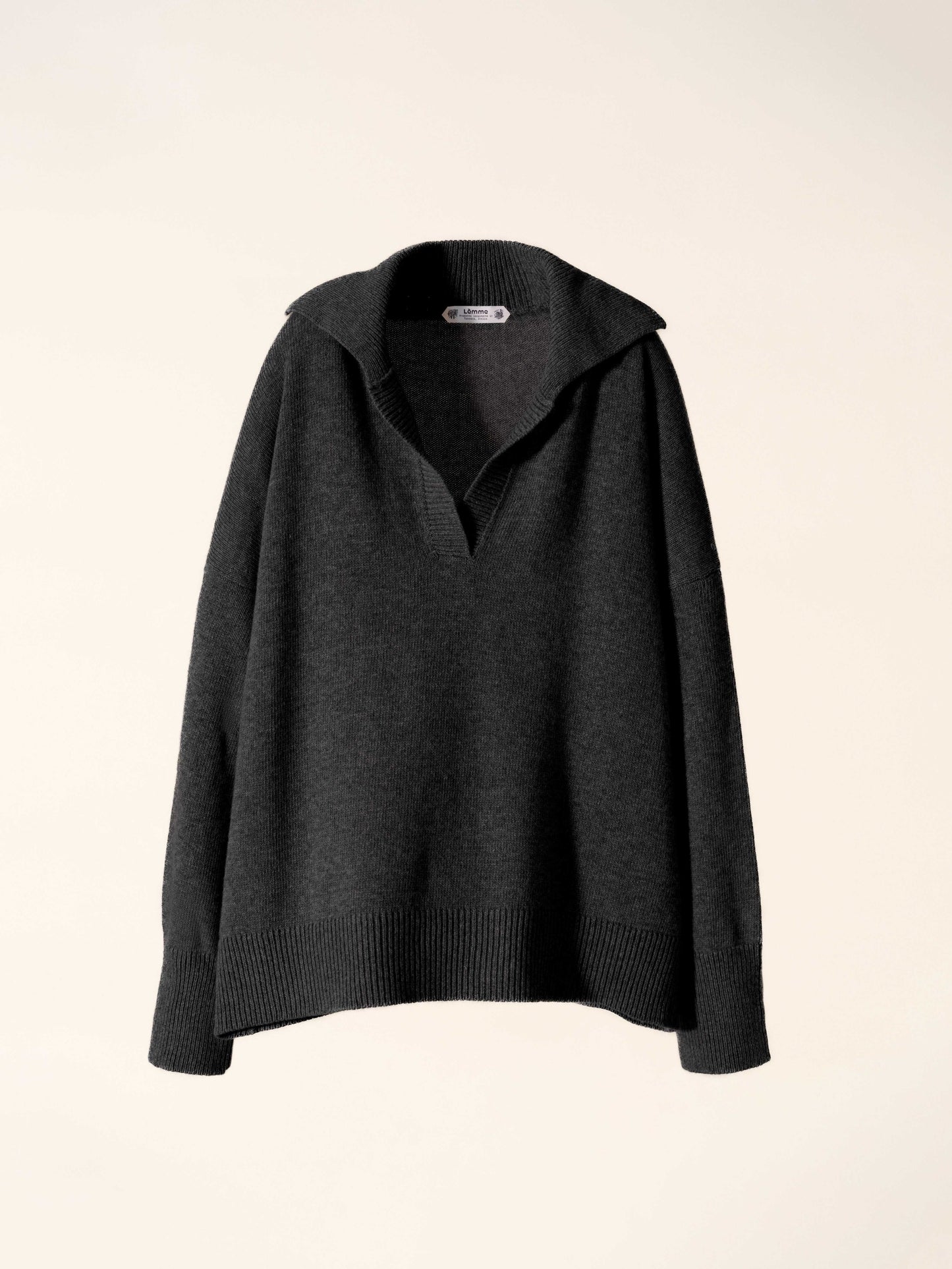 Charcoal grey Cashmere-Wool Blend Relaxed Polo with ribbed hem and cuffs, Italian knitwear by HenryPawHaven. Minimalist and luxurious design.