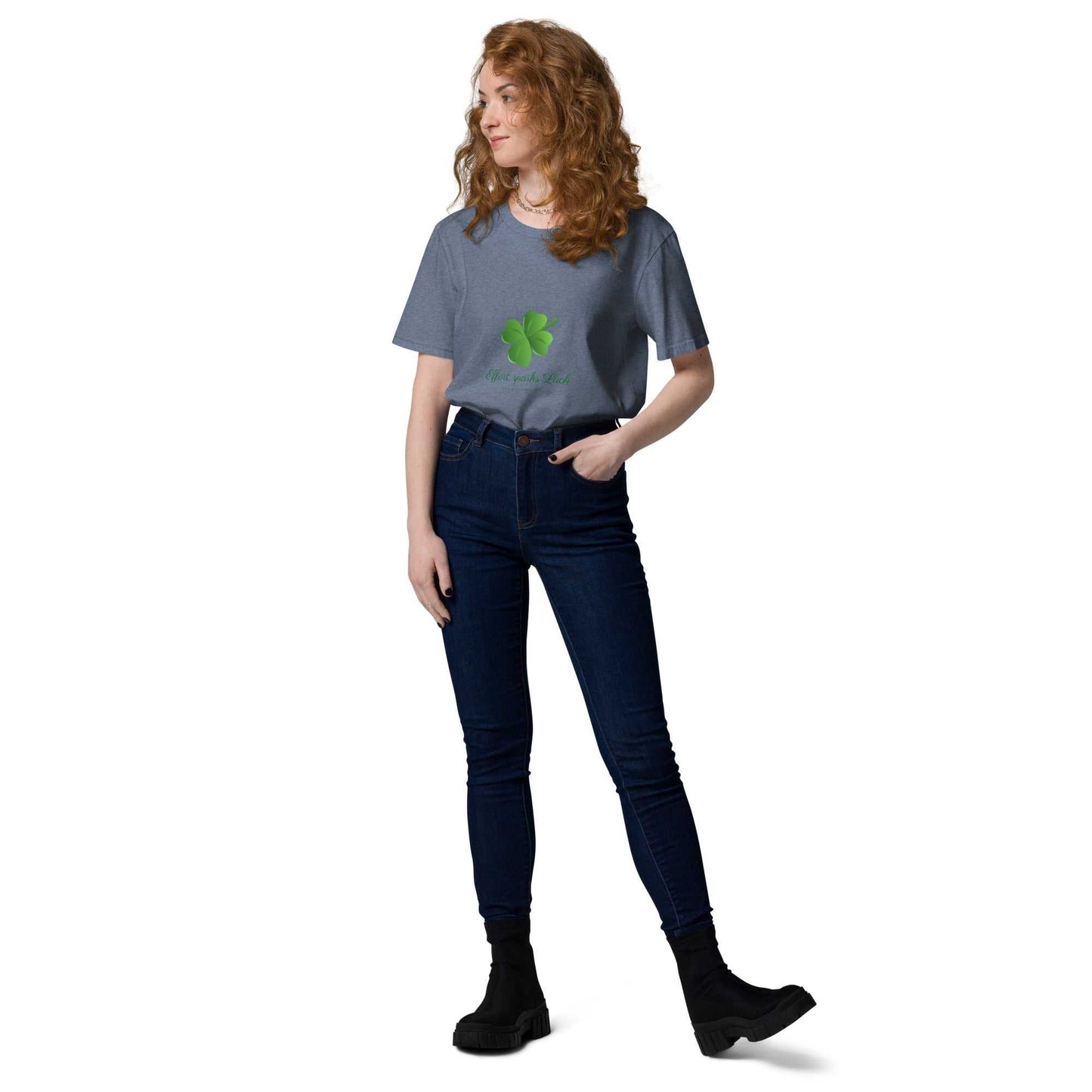 Unisex blue-gray organic cotton T-Shirt with motivational clover design, perfect for casual eco-conscious wear.