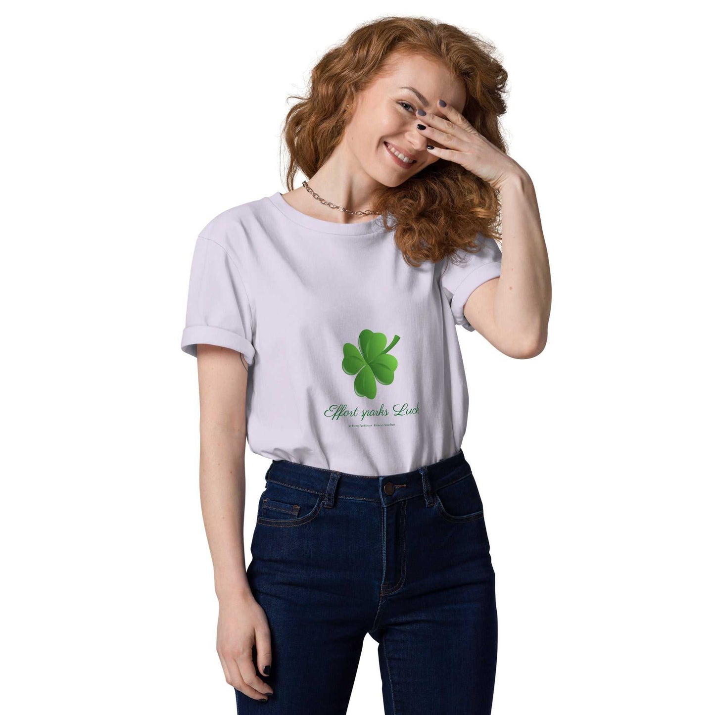 Light purple Effort Sparks Luck t-shirt made from organic cotton with lucky clover design, unisex and sustainable.