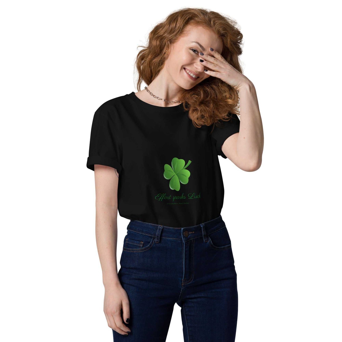 Effort Sparks Luck T-Shirt in black with green clover design, organic cotton unisex fit for sustainable fashion lovers.