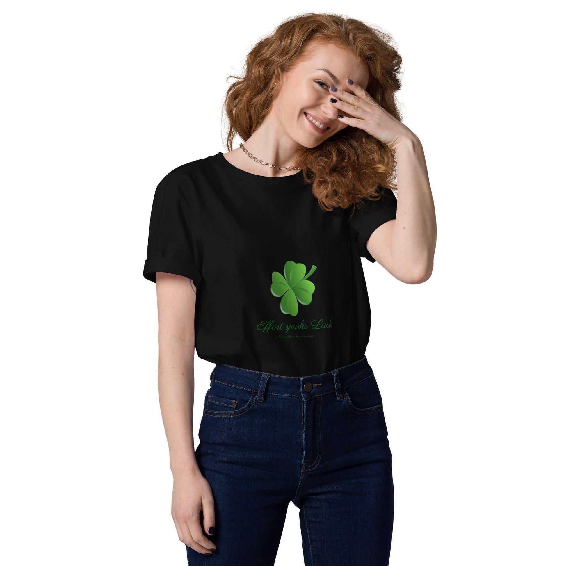 Effort Sparks Luck T-Shirt in black with green clover design, organic cotton unisex fit for sustainable fashion lovers.