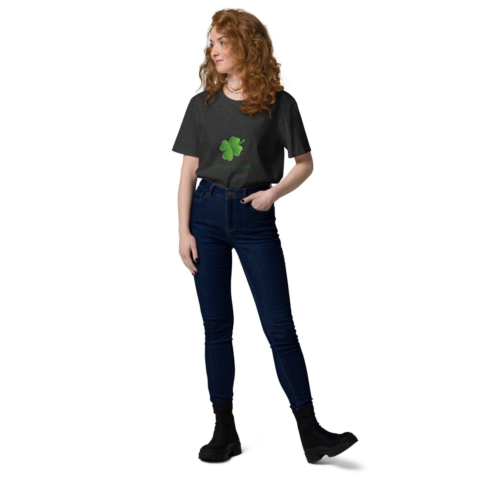 Unisex charcoal organic cotton T-Shirt with motivational Effort Sparks Luck clover print, great for casual sustainable outfits.