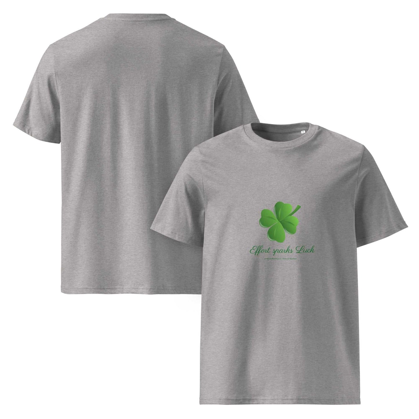 Heather gray Effort Sparks Luck organic cotton t-shirt with clover motif, unisex fit for eco-conscious casual wear.