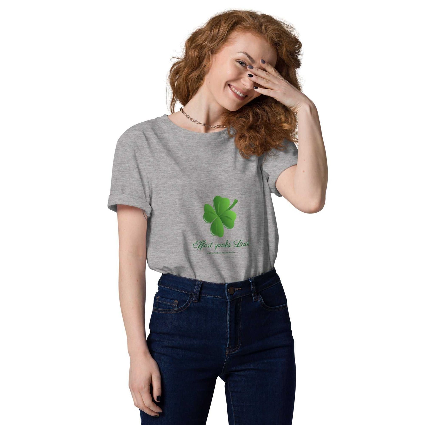 Heather gray Effort Sparks Luck T-Shirt with green clover, made from soft organic cotton for sustainable unisex style.