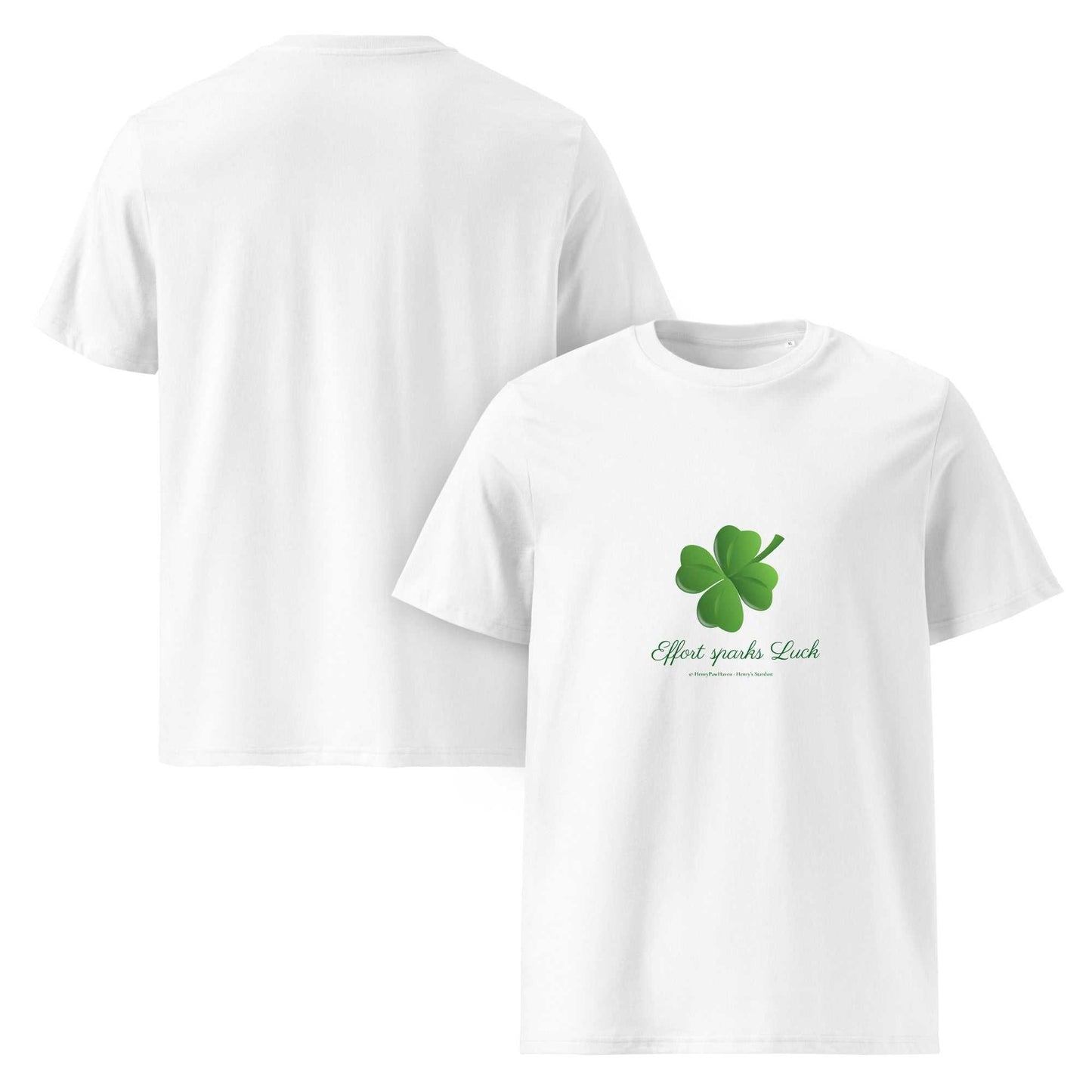 White Effort Sparks Luck t-shirt in organic cotton with four-leaf clover print, unisex fit for sustainable lifestyle.