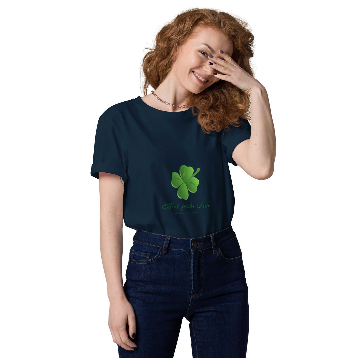 Effort Sparks Luck T-Shirt in navy blue, organic cotton with green clover print, unisex fit ideal for motivational style.