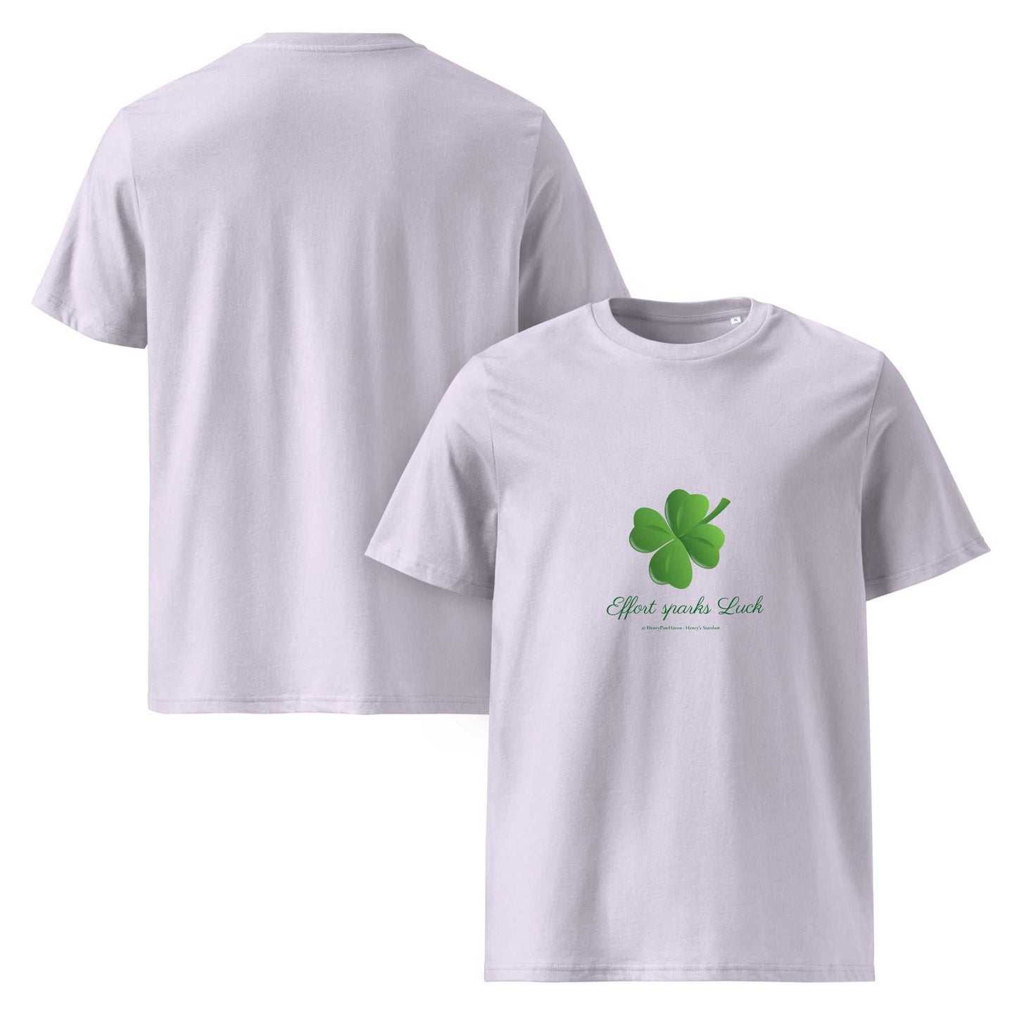 Light purple Effort Sparks Luck organic cotton t-shirt with green clover, unisex and sustainable for casual wear.