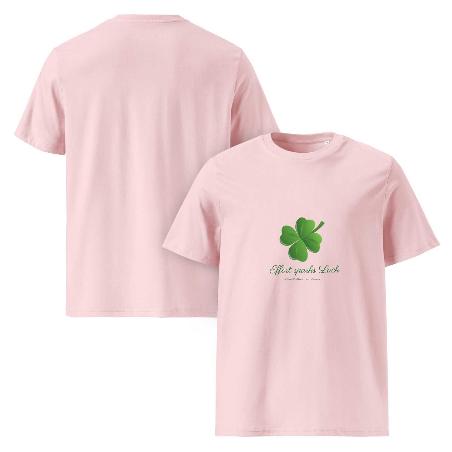Pink Effort Sparks Luck t-shirt in organic cotton with lucky clover design, unisex fit for eco-friendly fashion lovers.