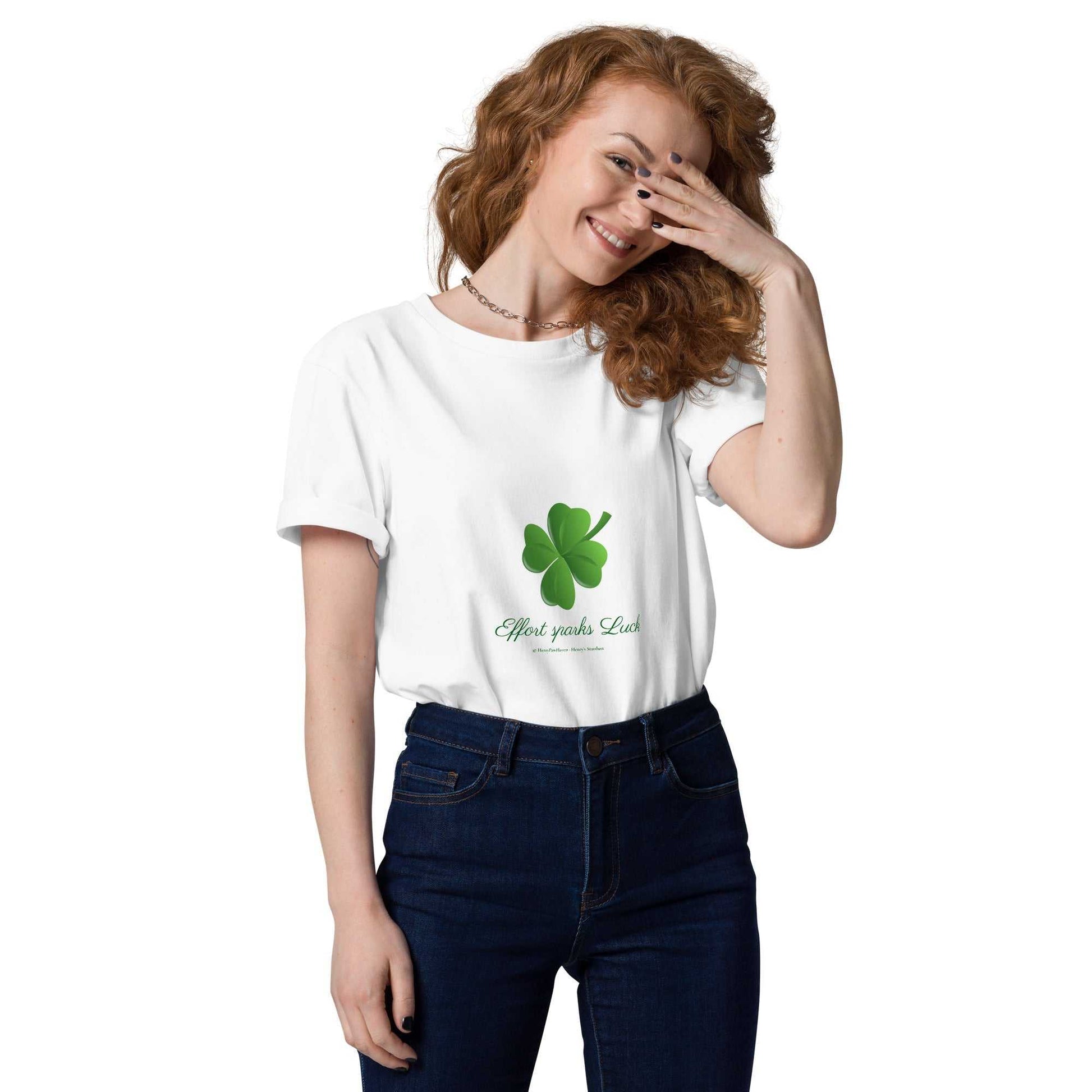 White Effort Sparks Luck T-Shirt with green clover print, made from organic cotton in a unisex fit for sustainable fashion.