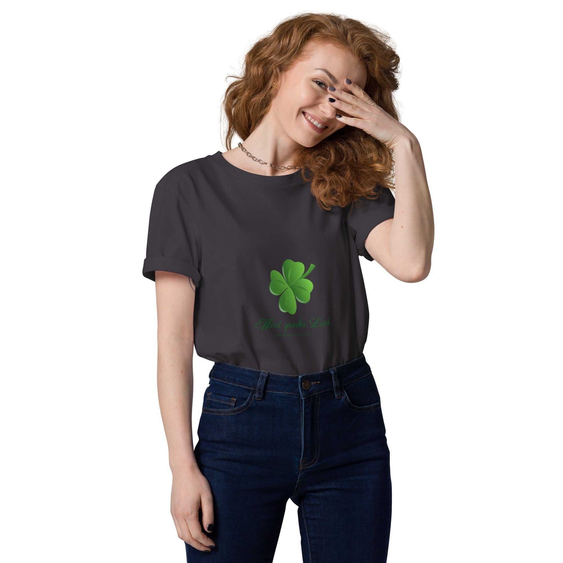 Dark gray Effort Sparks Luck T-Shirt featuring a green lucky clover, crafted from organic cotton in a unisex fit.