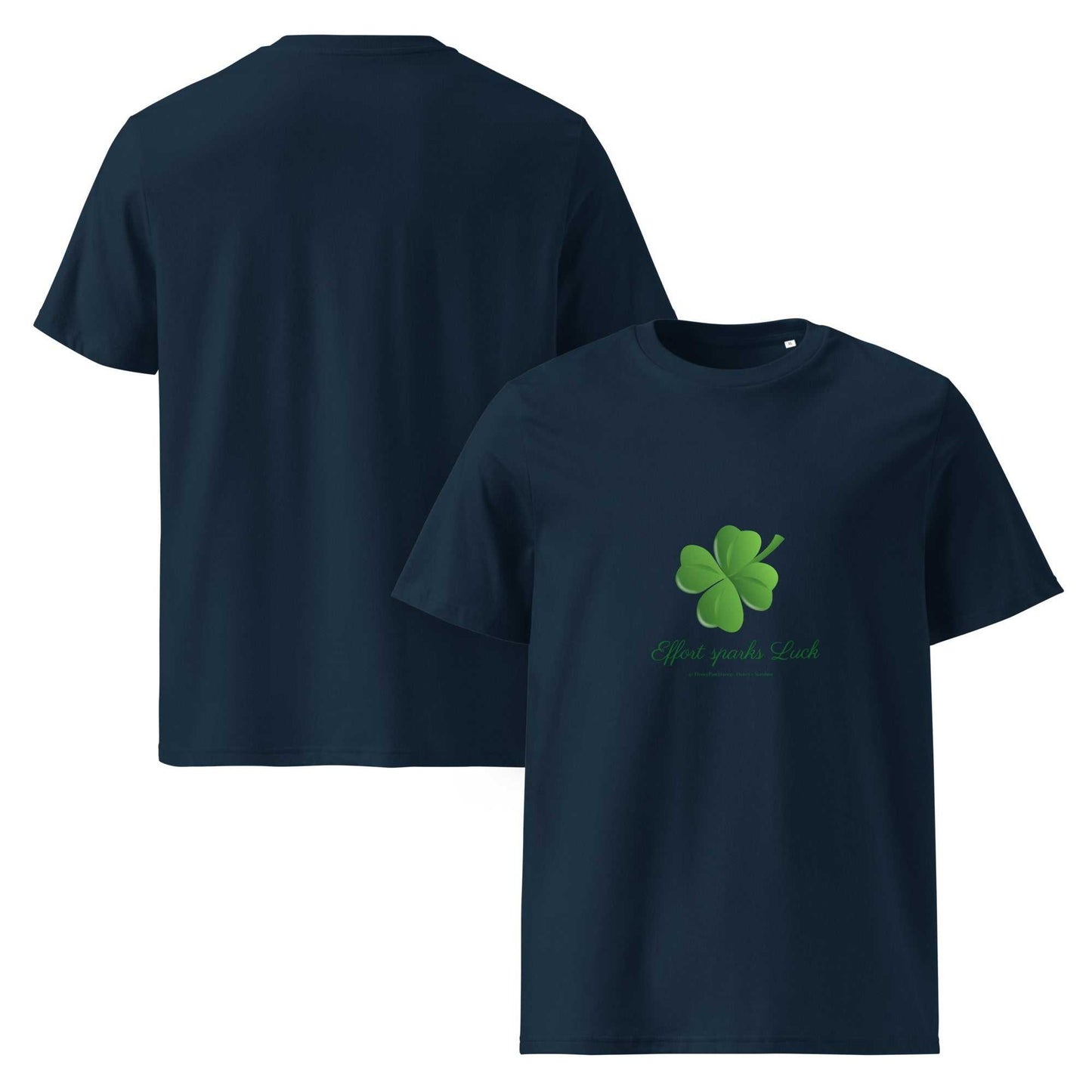 Navy blue Effort Sparks Luck t-shirt in organic cotton with lucky clover print, shown front and back for unisex wear.