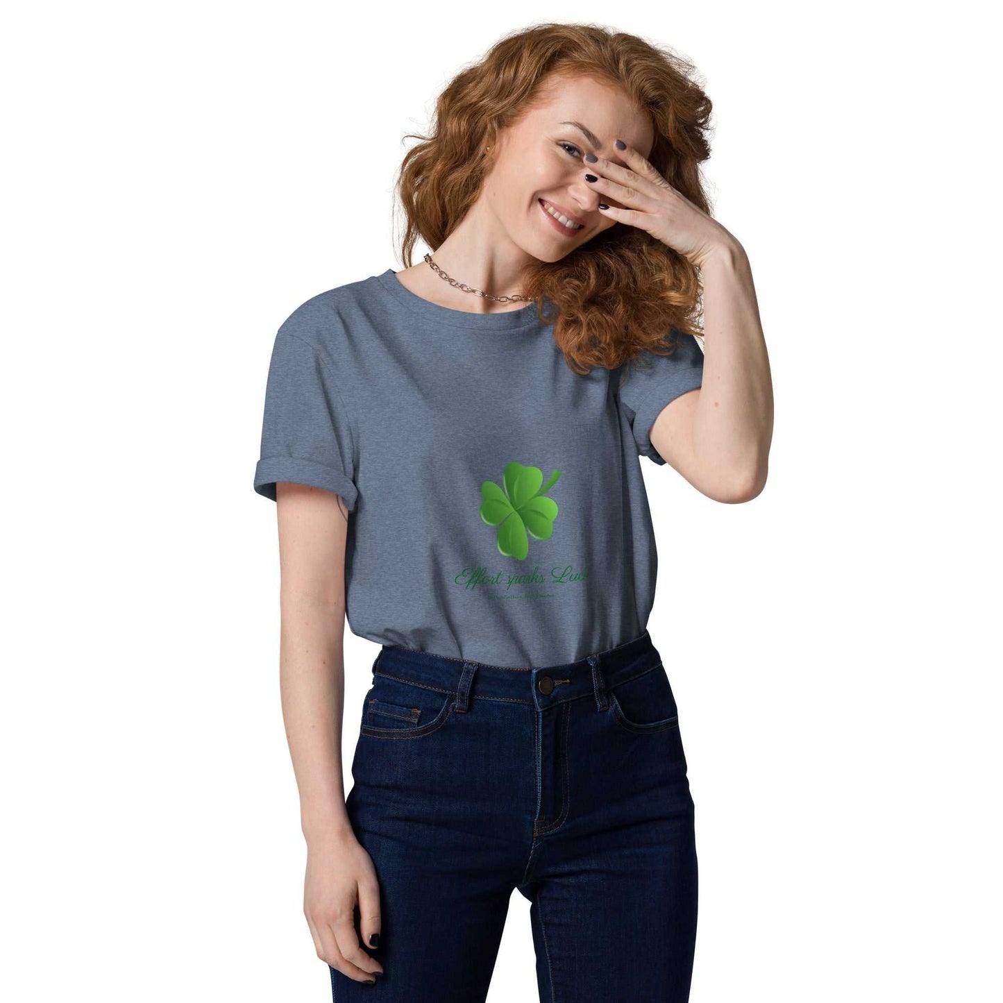 Blue-gray Effort Sparks Luck T-Shirt with four-leaf clover print, organic cotton unisex tee for sustainable fashion fans.