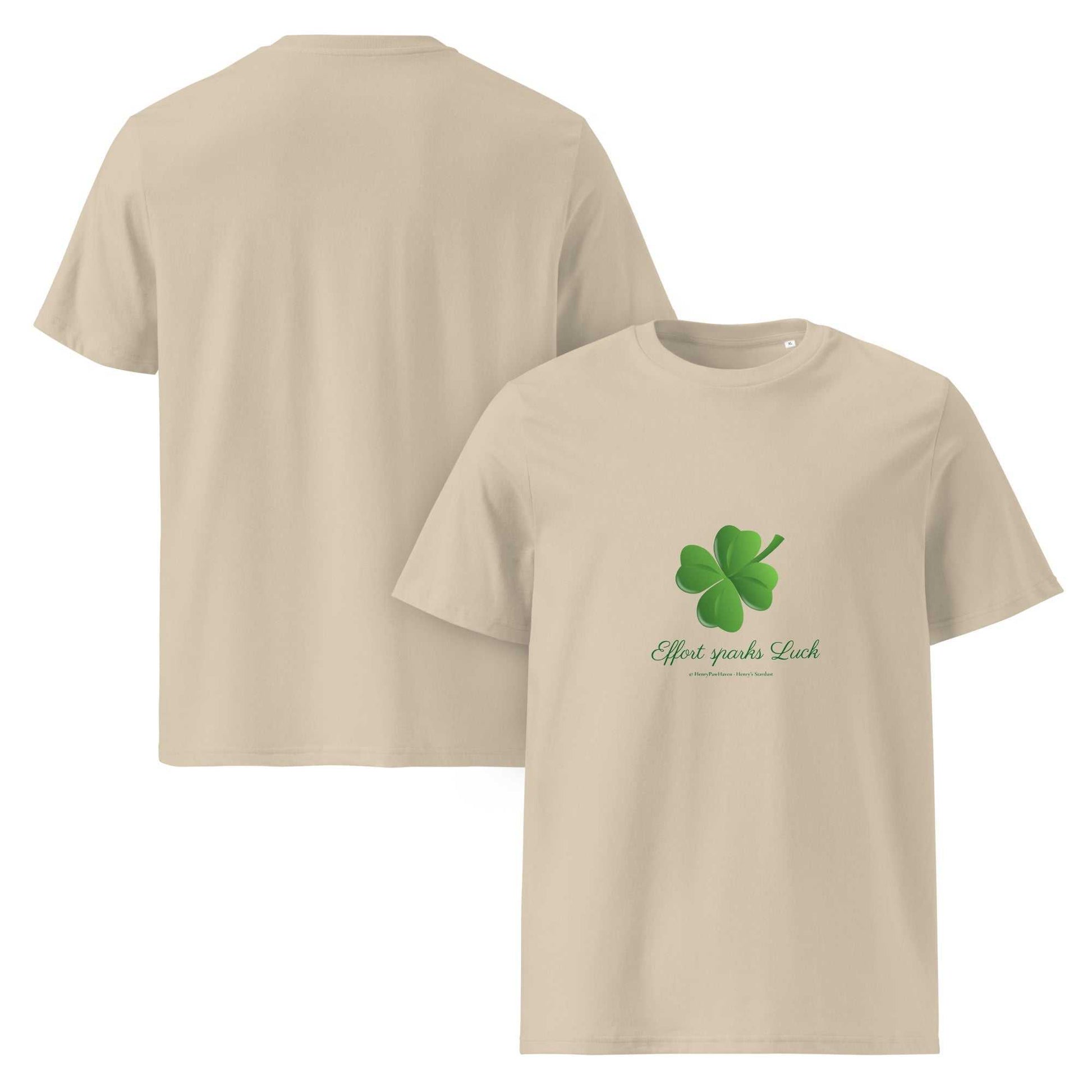 Beige Effort Sparks Luck t-shirt made from organic cotton, featuring green clover print, unisex sustainable apparel.