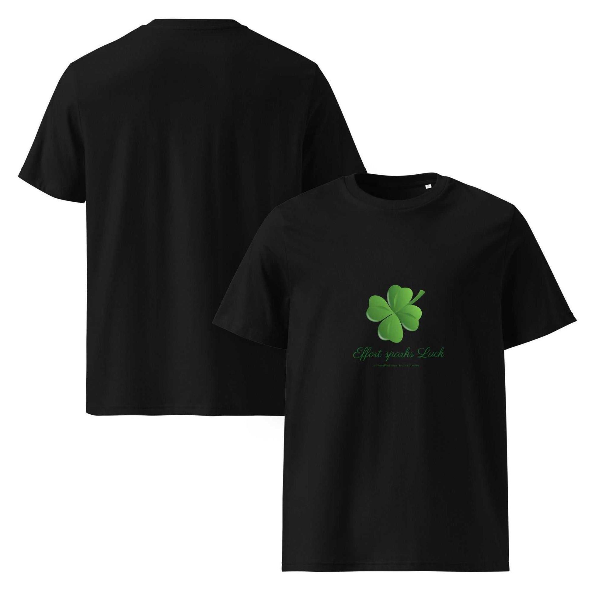 Black Effort Sparks Luck organic cotton t-shirt with green clover design, front and back view of unisex sustainable tee.
