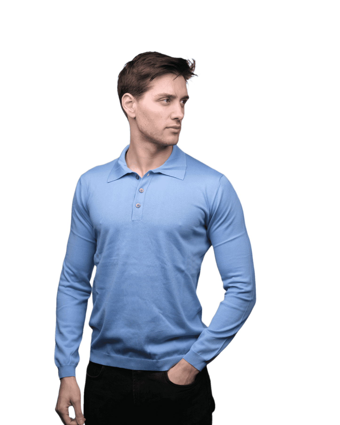 Men's long sleeve polo shirt in light blue ELS cotton, slim fit with Italian craftsmanship, styled for casual and smart layering.
