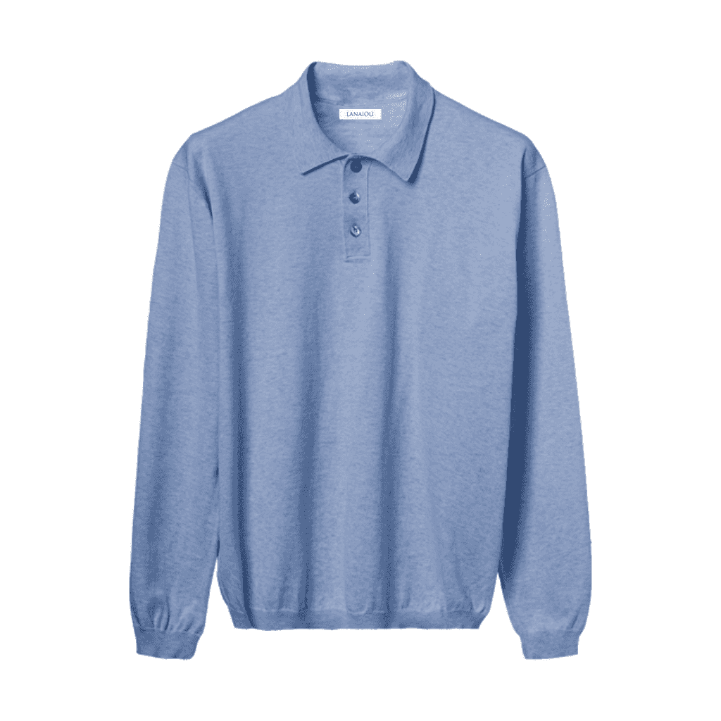 Light blue men's long sleeve polo shirt made from ELS cotton, featuring a classic collar and ribbed cuffs for a refined look.
