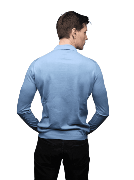 Back view of men's long sleeve polo shirt in light blue ELS cotton, showcasing slim fit and fine Italian tailoring.