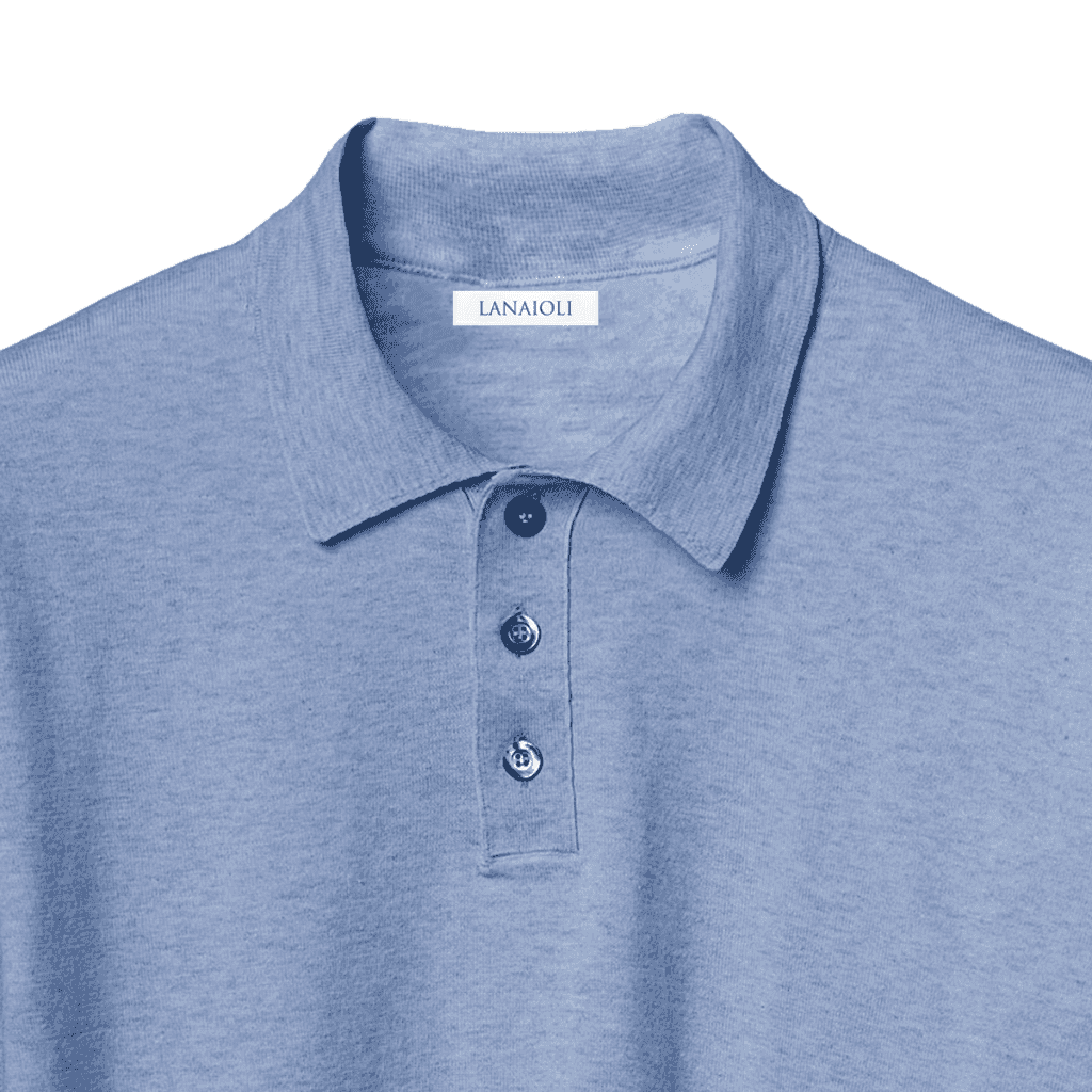 Close-up of light blue ELS cotton men's long sleeve polo shirt collar and button placket, highlighting Italian craftsmanship.