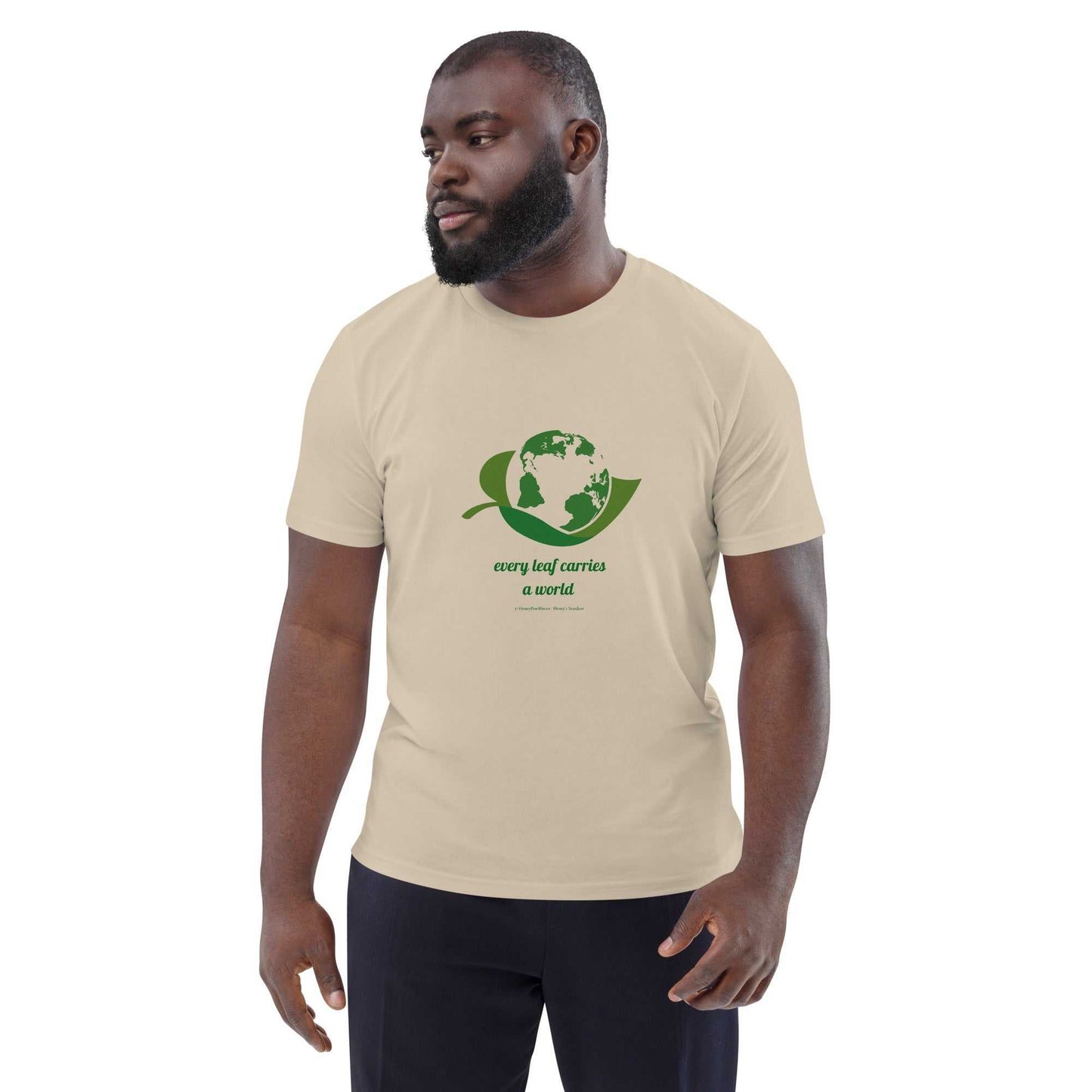 Natural beige Organic Cotton Nature T-Shirt with green Earth and leaf graphic and 'Every Leaf Carries a World' quote, unisex sustainable apparel.