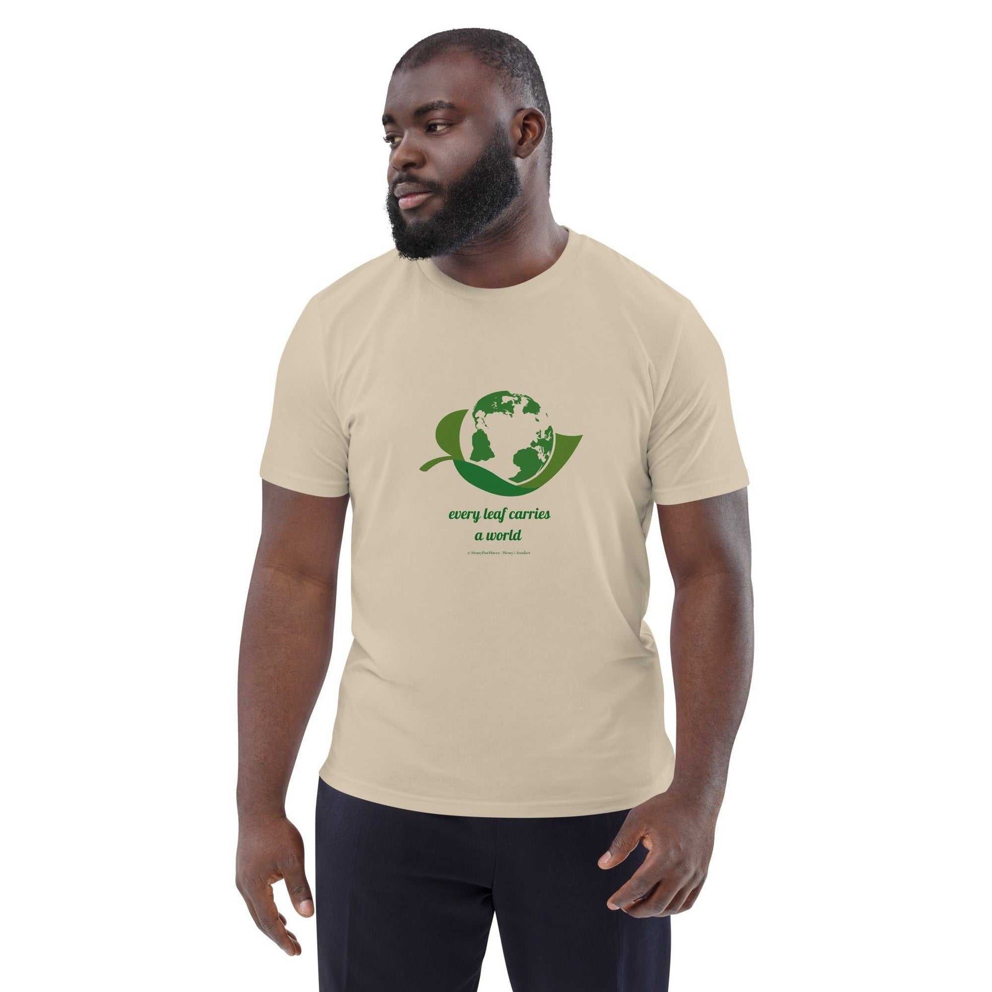 Natural beige Organic Cotton Nature T-Shirt with green Earth and leaf graphic and 'Every Leaf Carries a World' quote, unisex sustainable apparel.