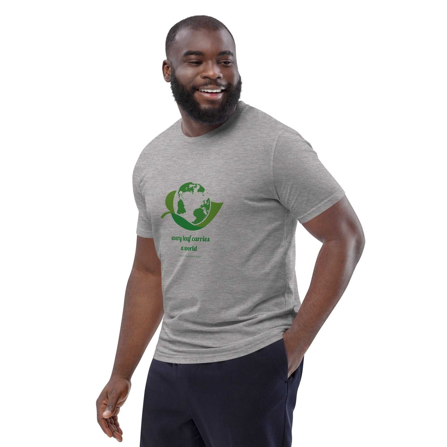 Eco-friendly heather gray Organic Cotton T-Shirt with green environmental message and globe-leaf artwork, perfect for conscious clothing choices.
