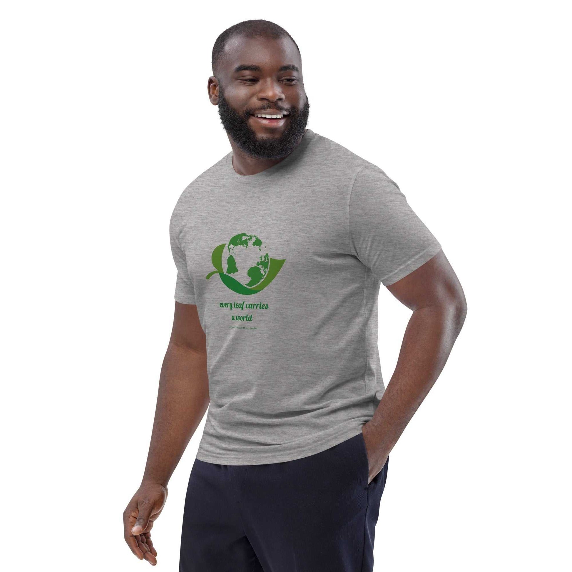 Eco-friendly heather gray Organic Cotton T-Shirt with green environmental message and globe-leaf artwork, perfect for conscious clothing choices.