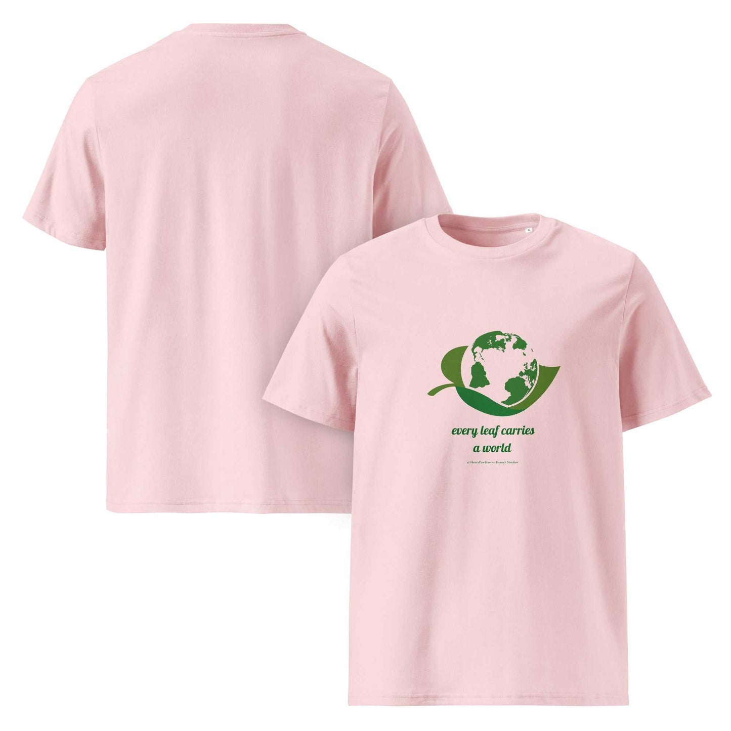 Light pink Organic Cotton Nature T-Shirt with green globe-leaf design and eco slogan, soft sustainable tee for everyday wear.