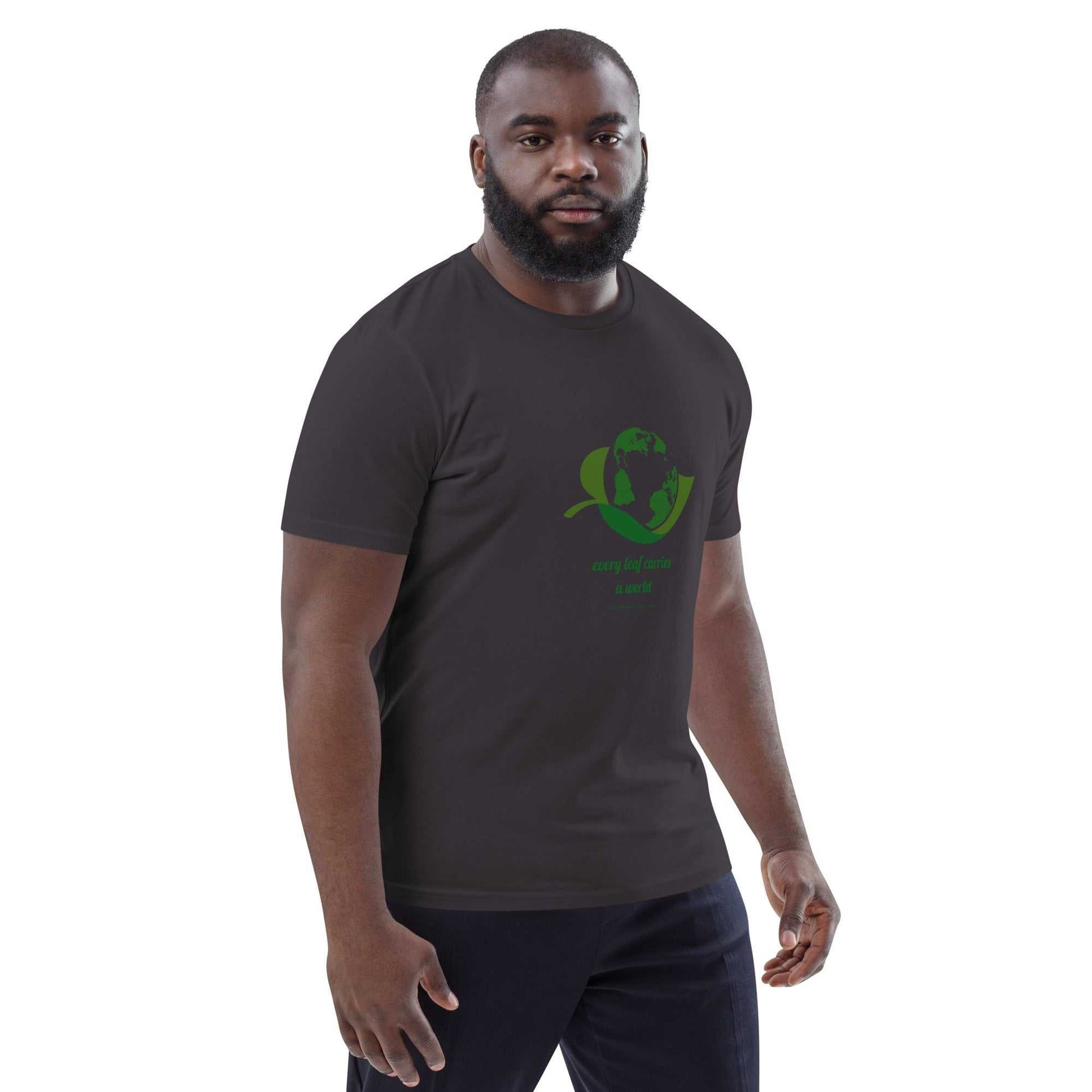 Side view of model in charcoal Organic Cotton Nature T-Shirt featuring green eco-friendly message, made from 100% organic cotton.