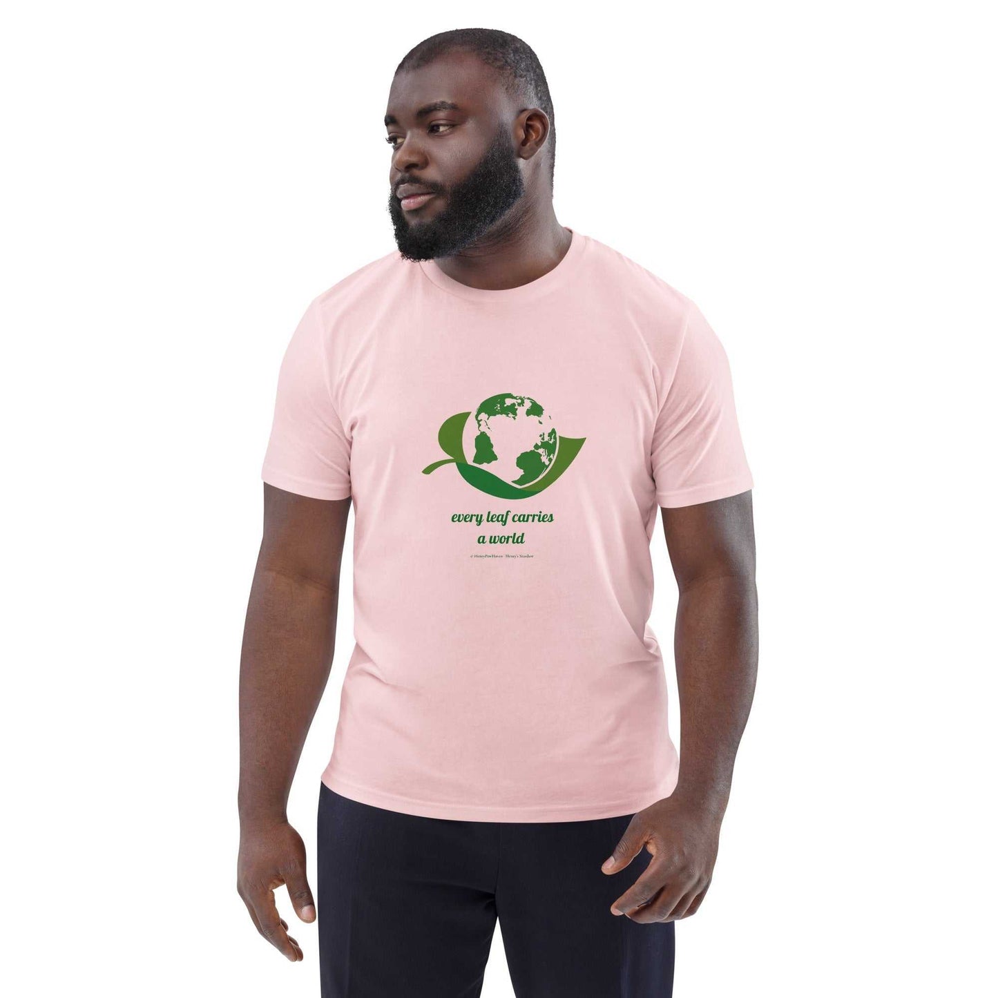 Light pink Organic Cotton Nature T-Shirt with green Earth-leaf design and eco message, unisex fit for sustainable fashion lovers.