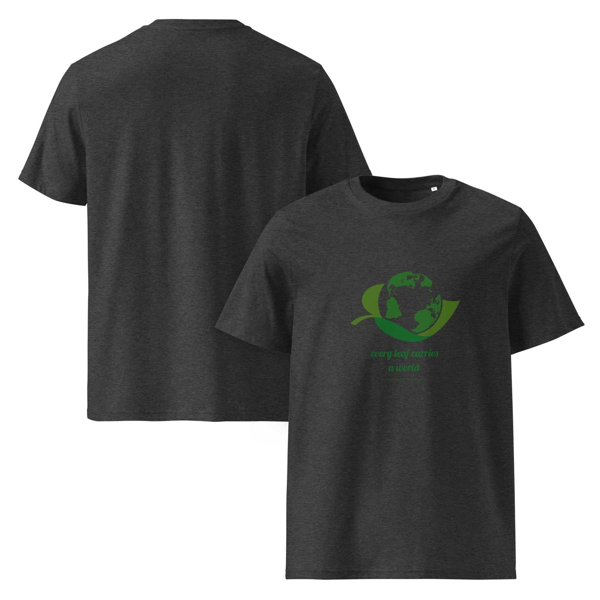 Dark heather gray Organic Cotton Nature T-Shirt with green environmental graphic and 'Every Leaf Carries a World' quote, GOTS certified.