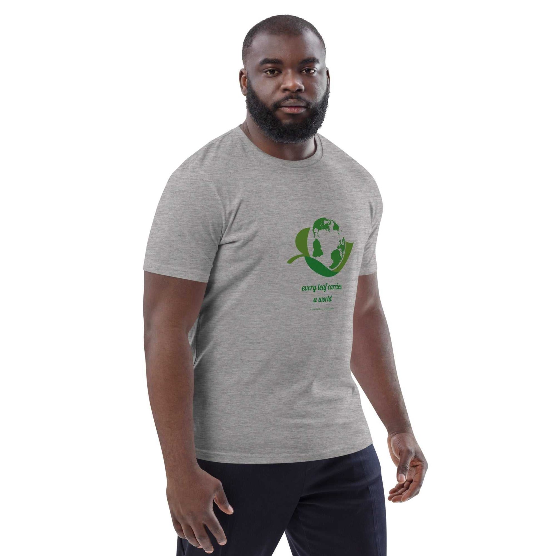 Unisex heather gray Organic Cotton Nature T-Shirt featuring green Earth and leaf print, ideal for sustainable fashion and everyday comfort.