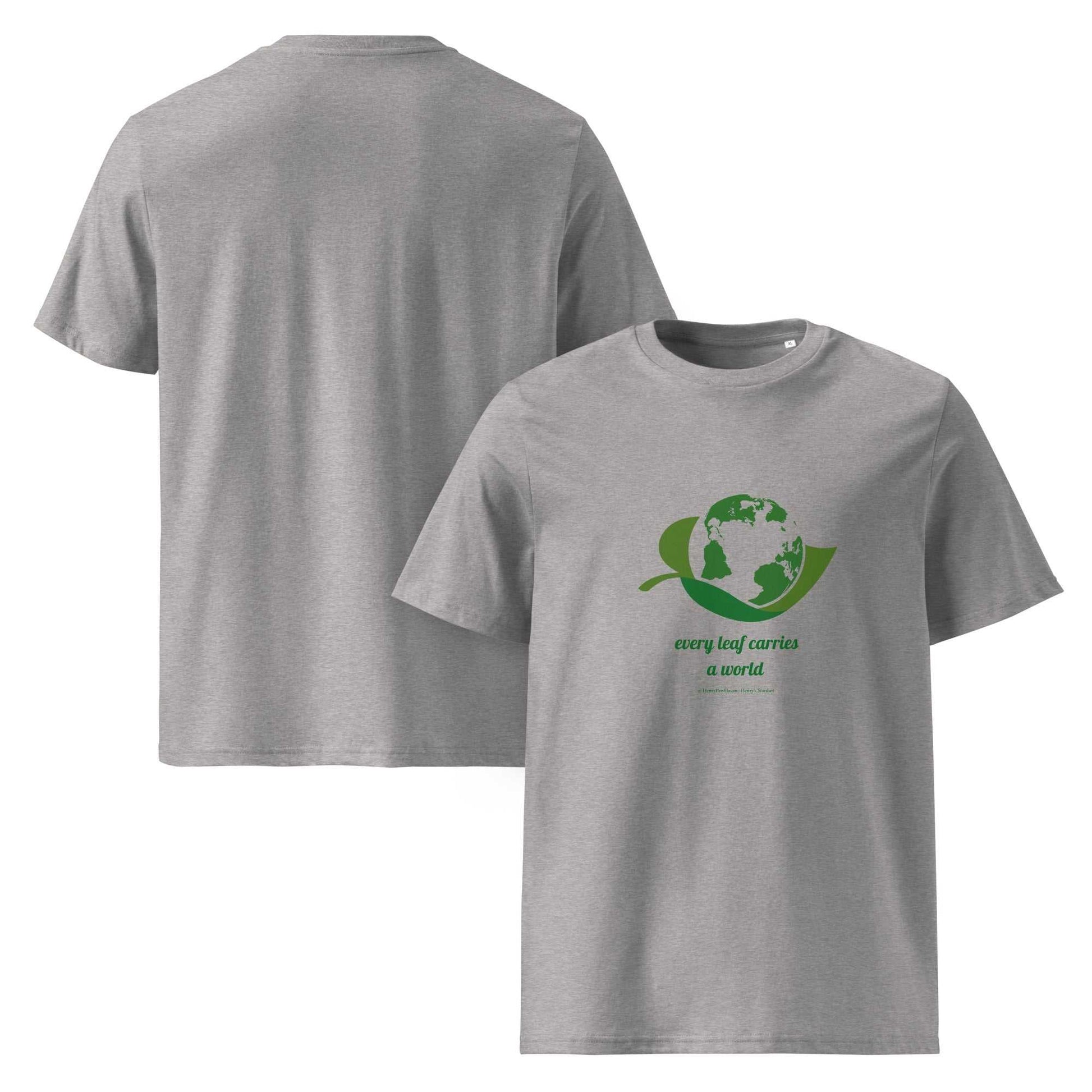 Heather gray Organic Cotton Nature T-Shirt with green leaf and globe graphic, made from 100% organic cotton for eco-conscious wearers.