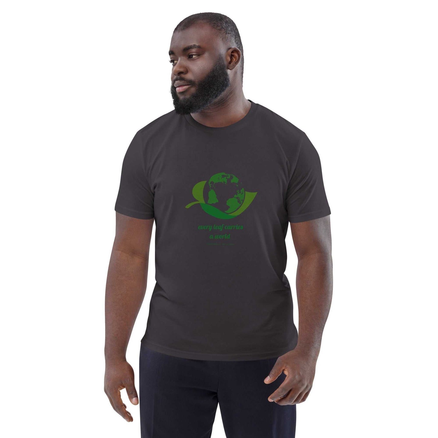 Model in charcoal Organic Cotton Nature T-Shirt with green globe-leaf design and eco slogan, ideal for sustainable fashion lovers.