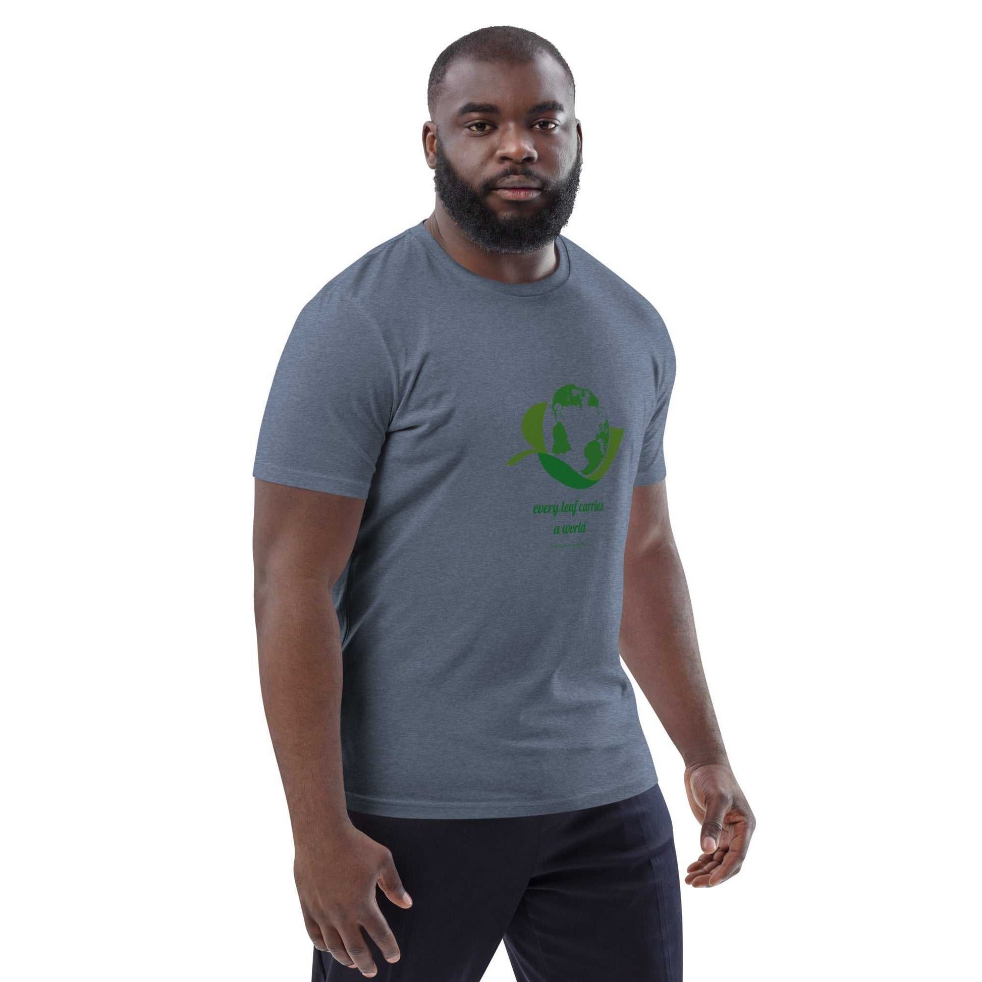 Eco-friendly unisex Organic Cotton T-Shirt in dark heather gray featuring green globe-leaf graphic and sustainable message for nature lovers.