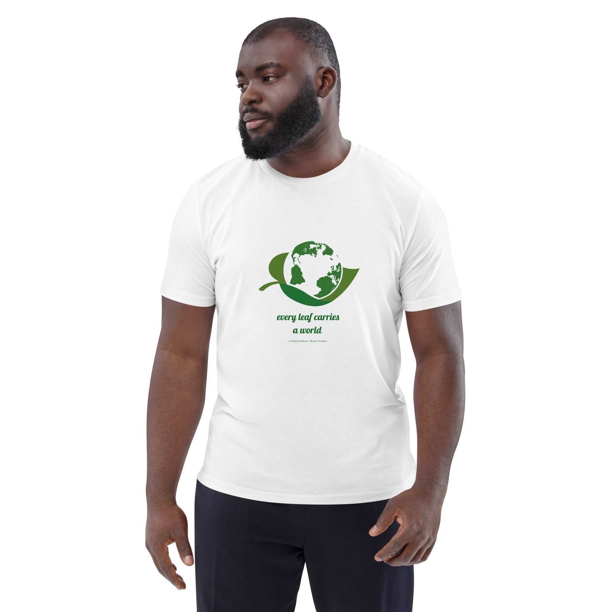 Organic Cotton Nature T-Shirt with 'Every Leaf Carries a World' slogan in green earth-leaf design. Eco-friendly unisex tee for sustainable fashion.