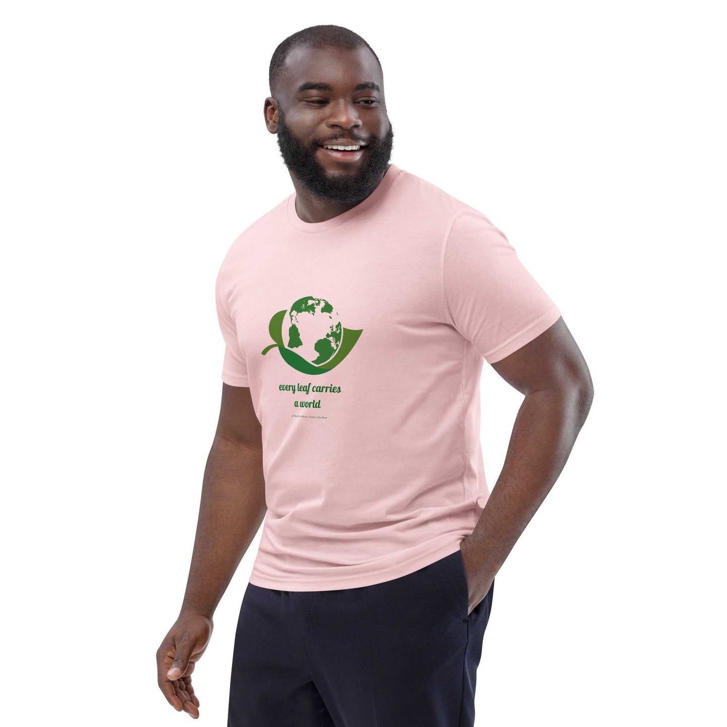Sustainable light pink Organic Cotton T-Shirt with green globe-leaf graphic, ideal for promoting eco-friendly fashion and comfort.