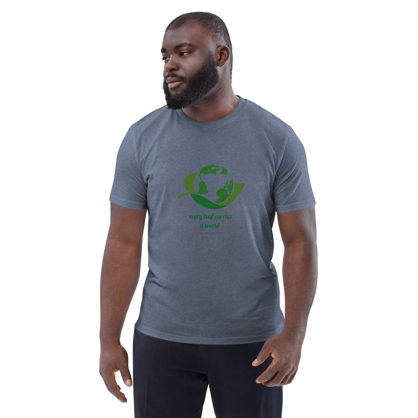 Organic Cotton Nature T-Shirt in dark heather gray with green Earth and leaf design and 'Every Leaf Carries a World' slogan, eco-friendly unisex fit.