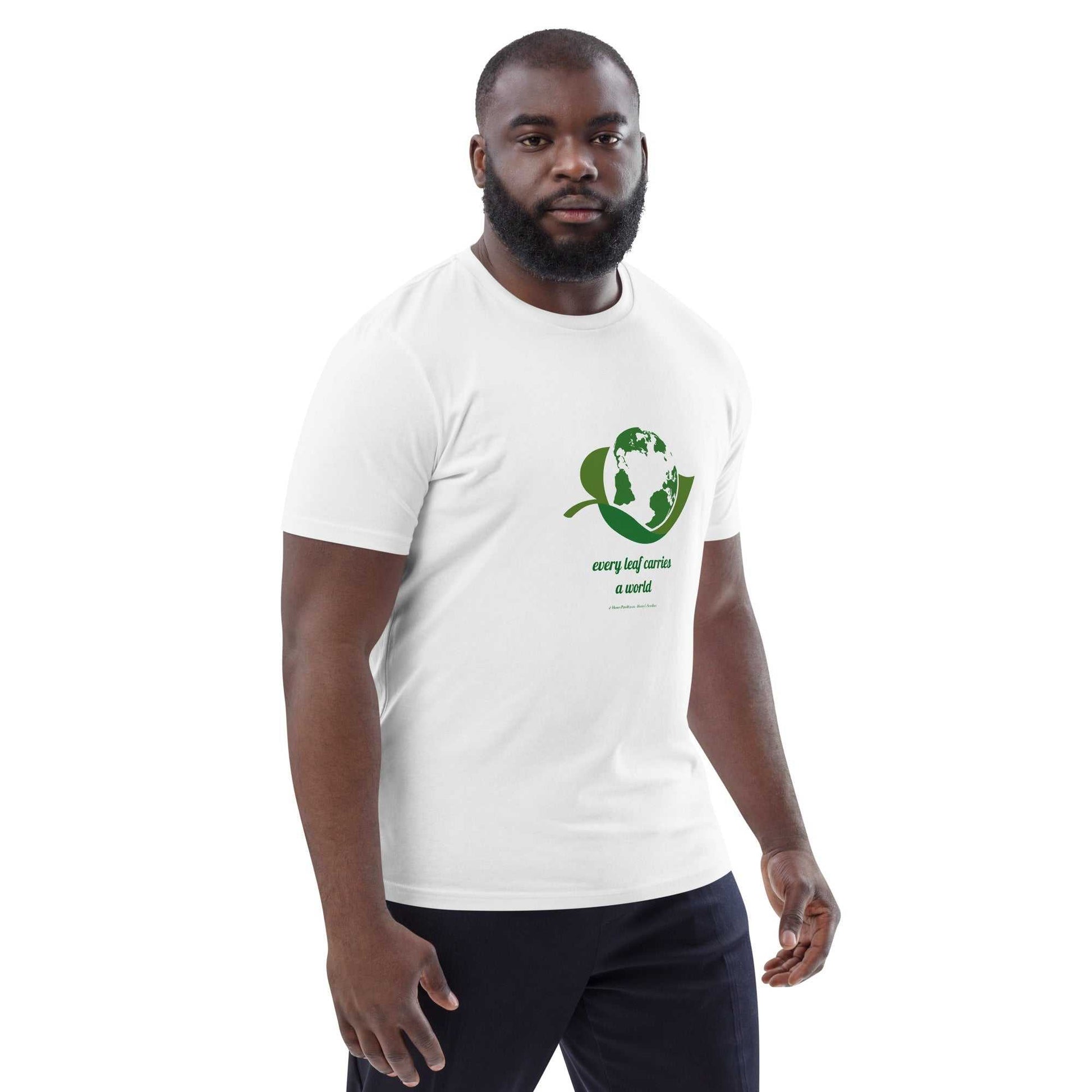 Unisex Organic Cotton T-Shirt featuring green globe and leaf graphic with 'Every Leaf Carries a World' text. GOTS certified sustainable apparel.