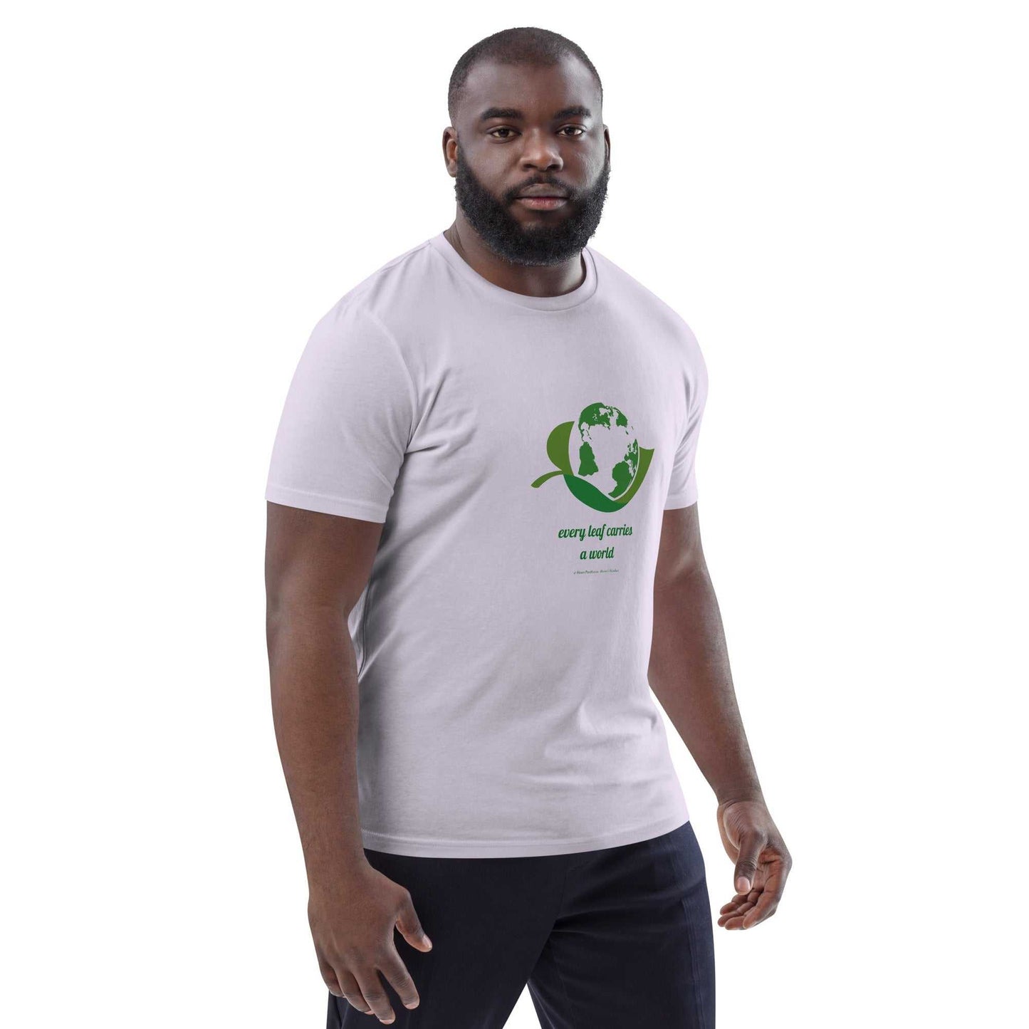 Unisex white Organic Cotton T-Shirt featuring green globe-leaf print, made from 100% organic cotton for sustainable everyday wear.