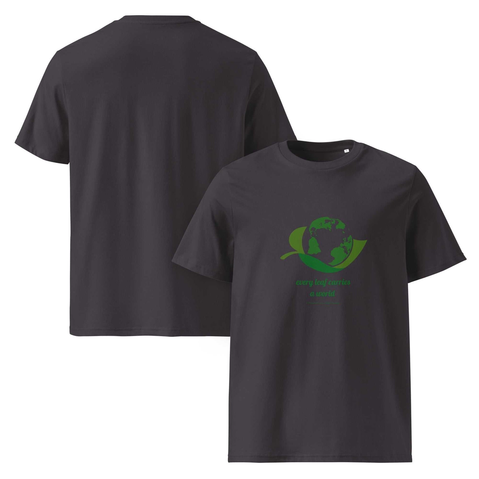 Charcoal Organic Cotton Nature T-Shirt with green globe and leaf design, promoting eco-friendly fashion and sustainable living.