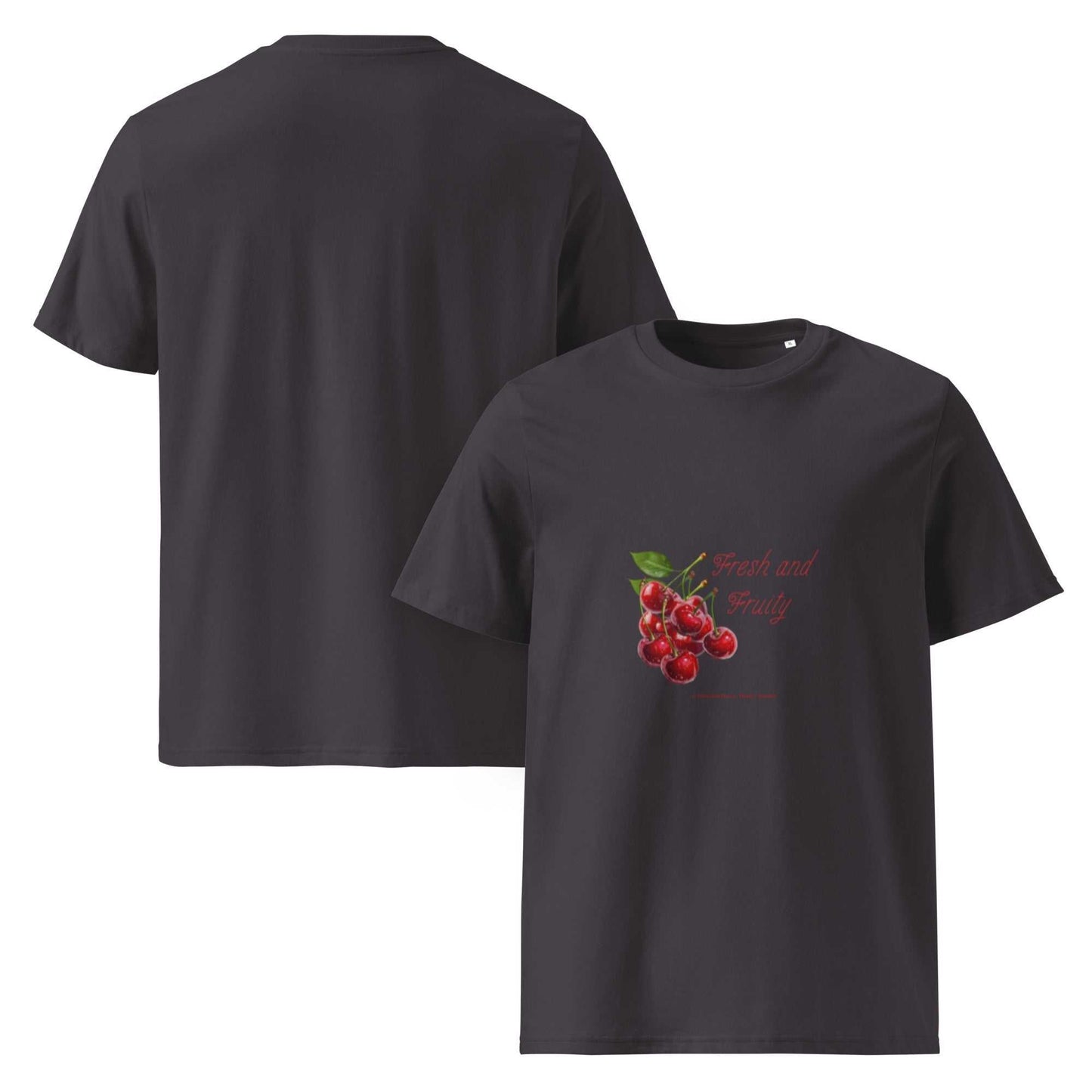 Front and back view of Fresh and Fruity Organic Cotton T-Shirt in dark gray. Features cheeky cherry print for eco-conscious style.