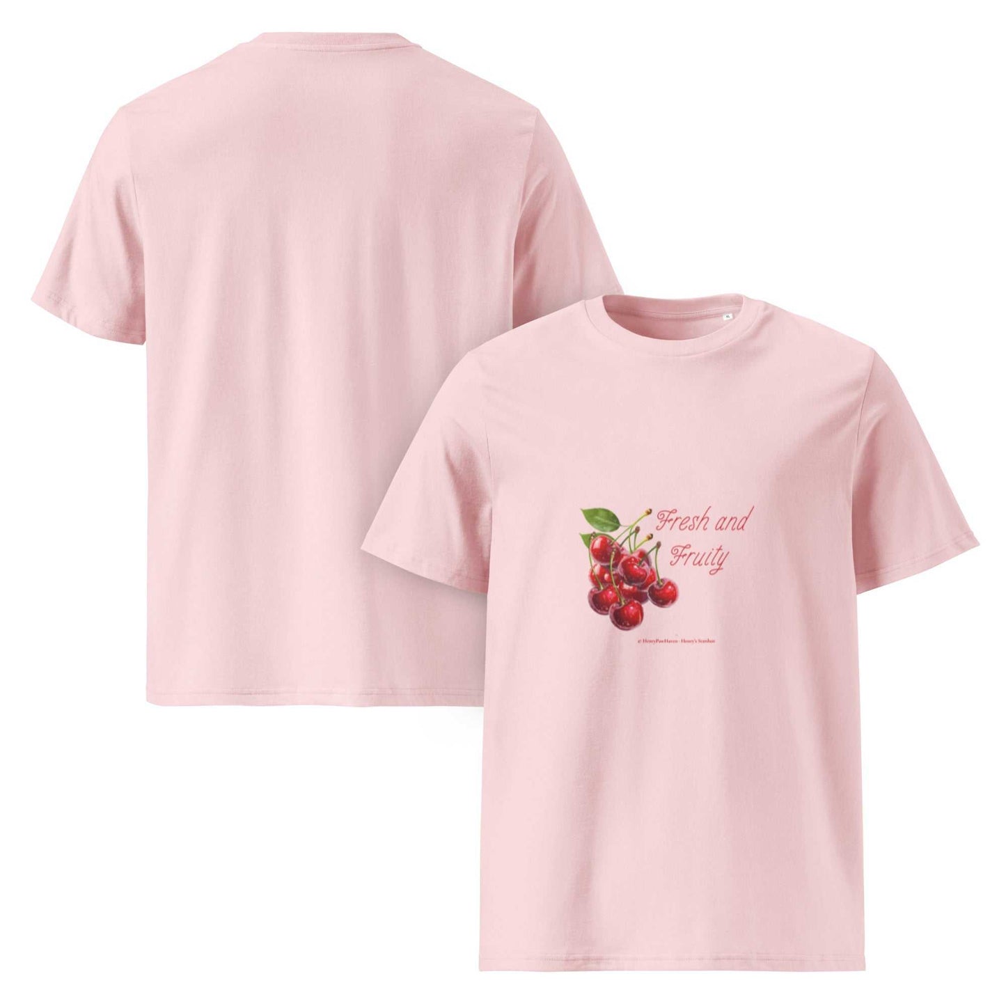 Fresh and Fruity Organic Cotton T-Shirt in light pink featuring a cheeky cherry print, eco-friendly and stylish casual wear.